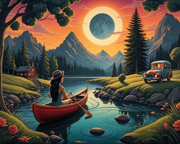 Serene Sunset Canoe Scene with Mountains and Cabin