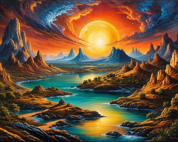 Fiery Sunset Over Mountains and Tranquil Lake