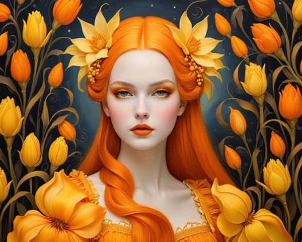 Portrait of a Woman with Orange Hair and Yellow Flowers