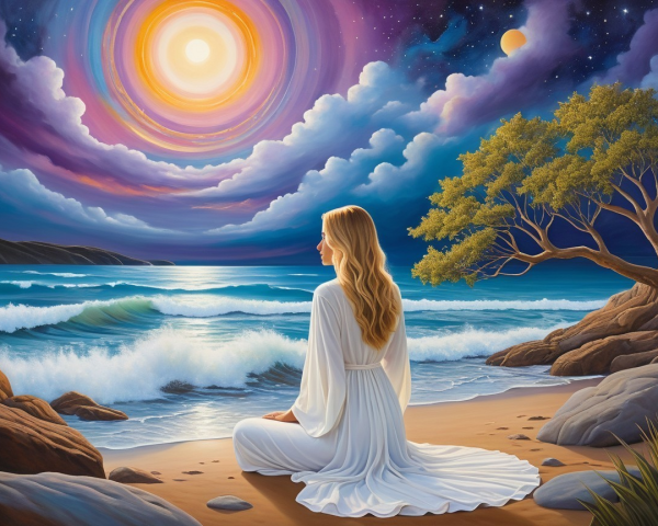 Serene beach scene with woman in white dress and ocean
