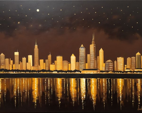 City Skyline at Twilight with Moon and Stars
