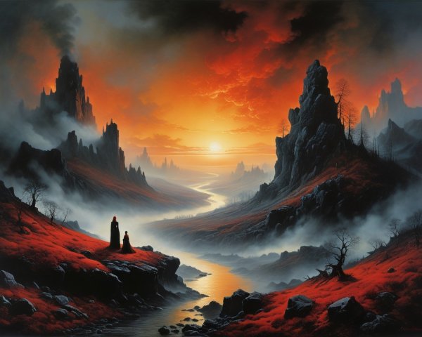 Jagged Mountains and River at Sunset with Silhouettes