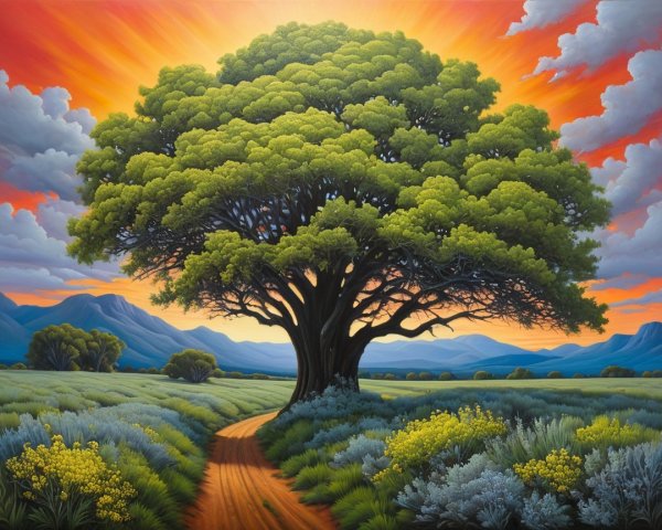 Majestic tree in vibrant sunset landscape with wildflowers