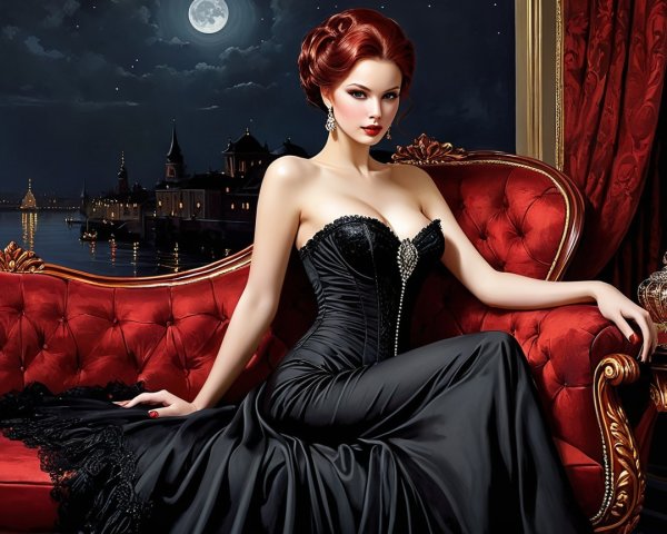 Elegant Woman in Black Gown on Velvet Couch