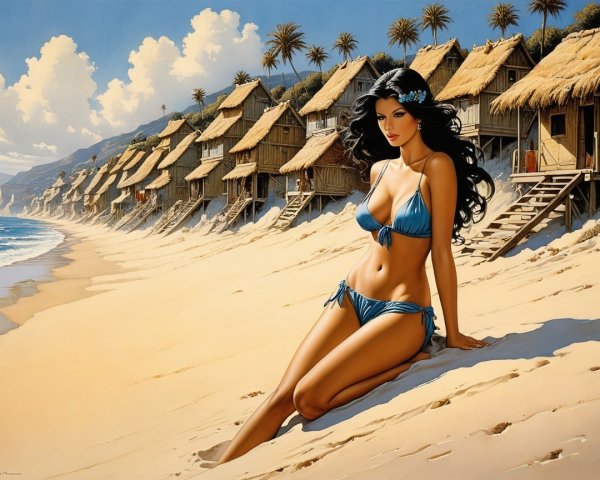 Beach Scene with Woman in Blue Bikini and Huts