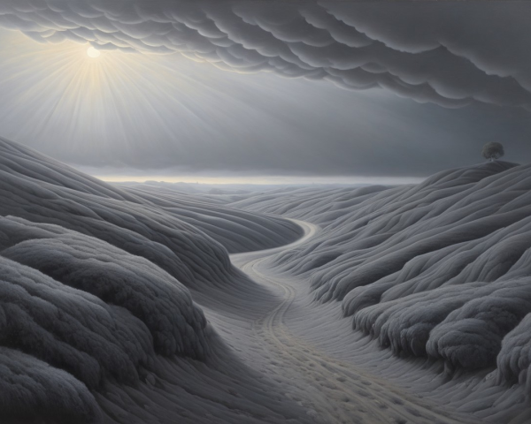 Serene Frosty Landscape with Winding Path and Tree