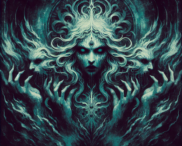 Haunting Figure with Ethereal Hair and Glowing Eyes
