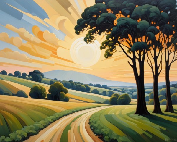 Vibrant Landscape of Green Hills and Golden Sky