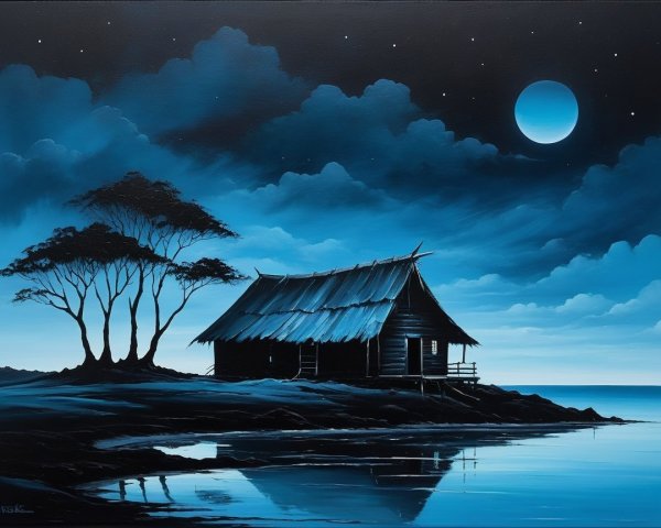 Serene Night Scene with Wooden Hut by Water