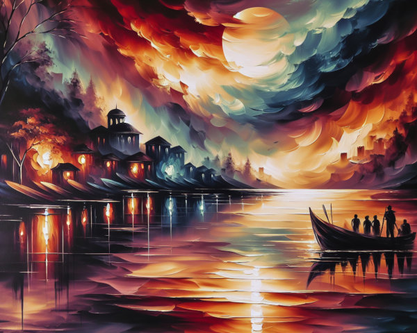 Dramatic Sunset Over Tranquil River in Oil Painting