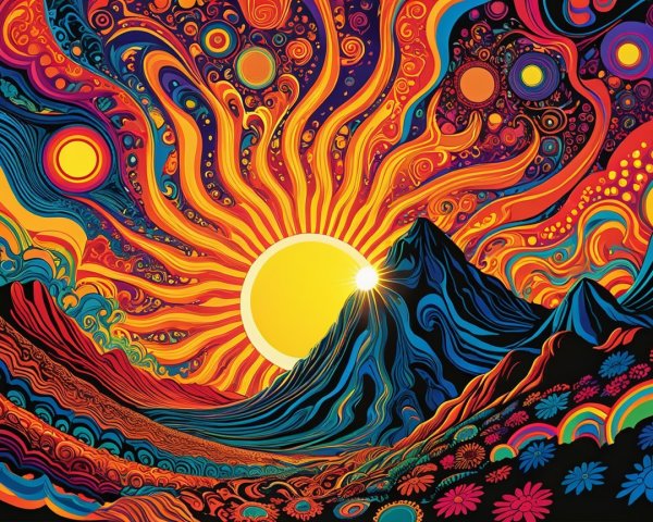 Psychedelic Landscape with Vibrant Colors and Patterns