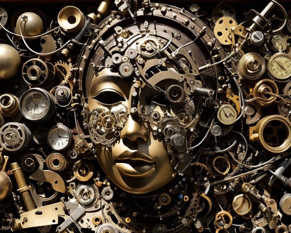 Intricate Steampunk Face Made of Metallic Gears and Cogs