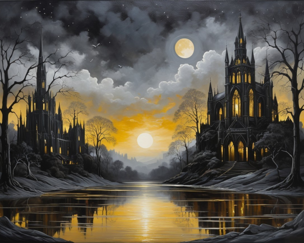 Gothic Castles at Twilight by a Serene River