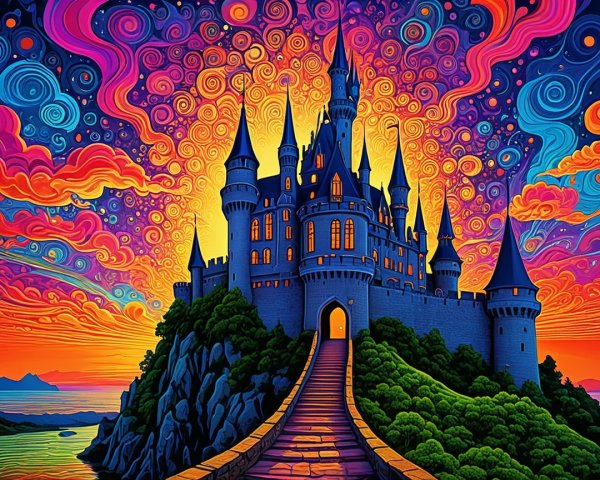 Vibrant Fantasy Castle on Rocky Hill at Sunset