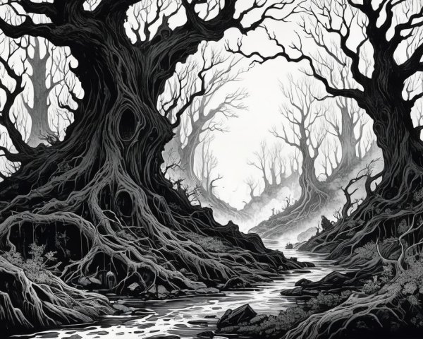 Black-and-white landscape of a twisted forest scene