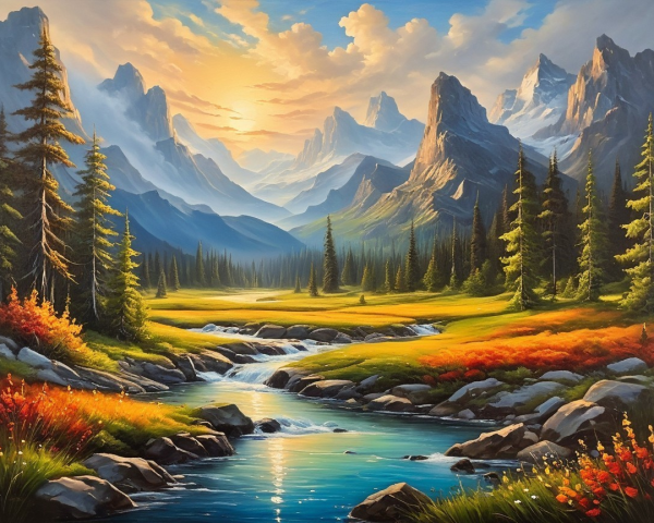 Majestic Mountains and Serene River in Vibrant Landscape