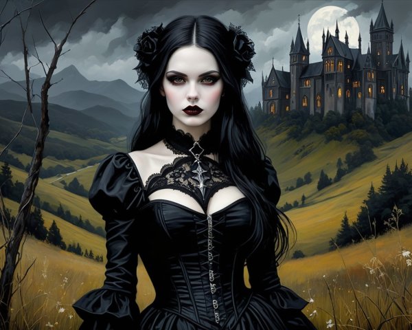 Gothic Figure in Dark Dress with Castle at Twilight