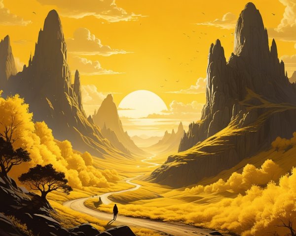 Serene Landscape with Majestic Mountains and Sunset