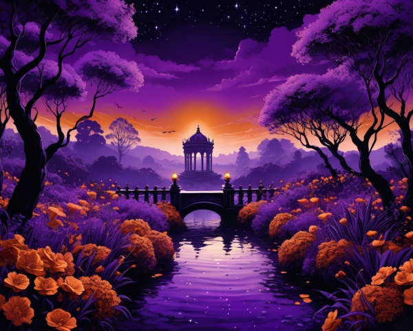 Twilight River Scene with Stars and Flowers