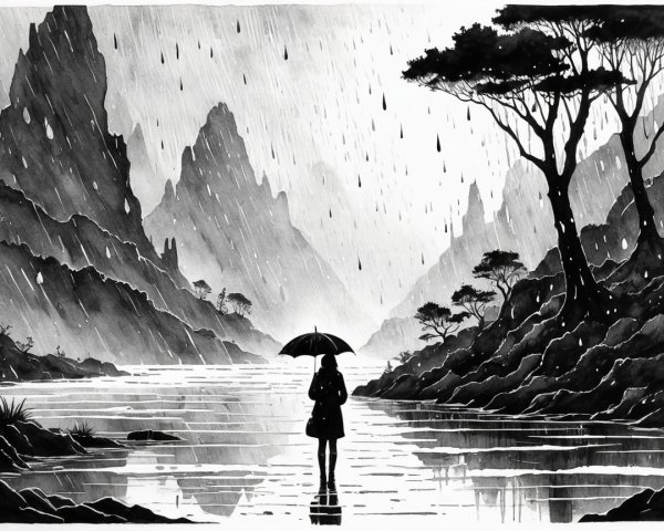Solitary Figure by Tranquil River with Mountains