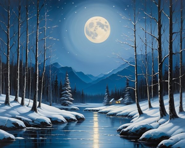 Winter Landscape with Moonlit River and Cabin