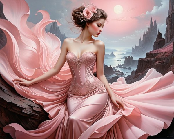 Serene landscape with woman in pink gown at sunset