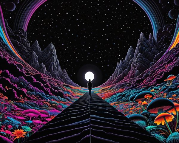 Surreal Landscape with Colorful Mountains and Flora