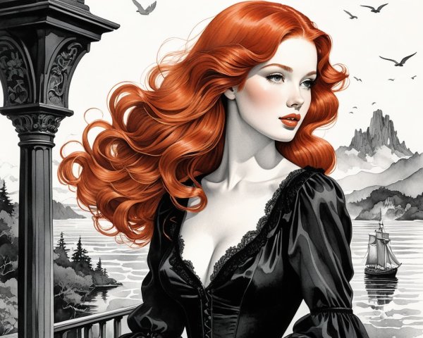 Woman with Red Hair on Balcony Overlooking Landscape