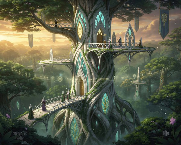 Mystical tree city with ornate buildings and bridges