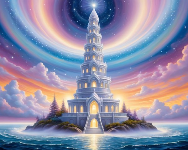 Majestic Tower on Island Surrounded by Calm Waters