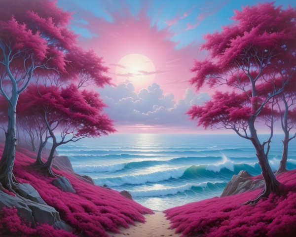 Serene Seascape with Pink Foliage and Rocky Cliffs