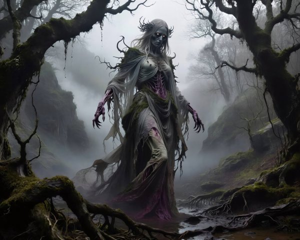 Slender Female Figure in Dark Misty Forest Setting