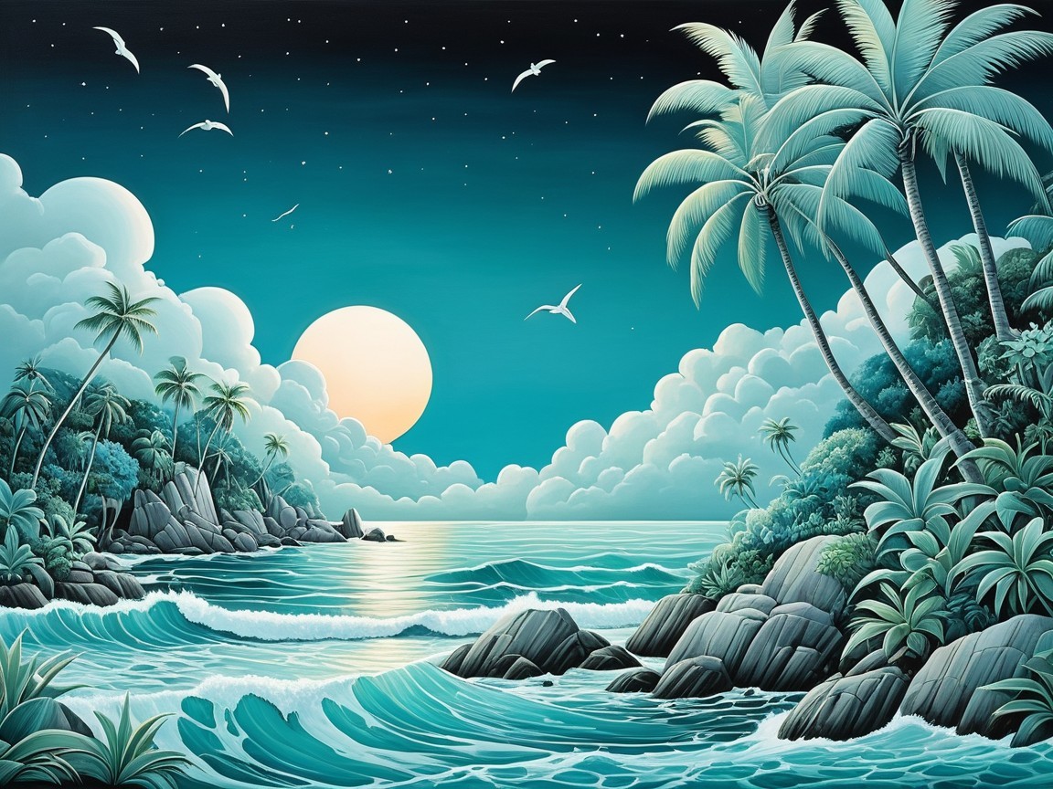 Tropical Twilight Landscape with Palm Trees and Moonlight