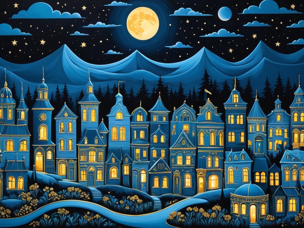 Whimsical Night Scene of a Quaint Mountain Town