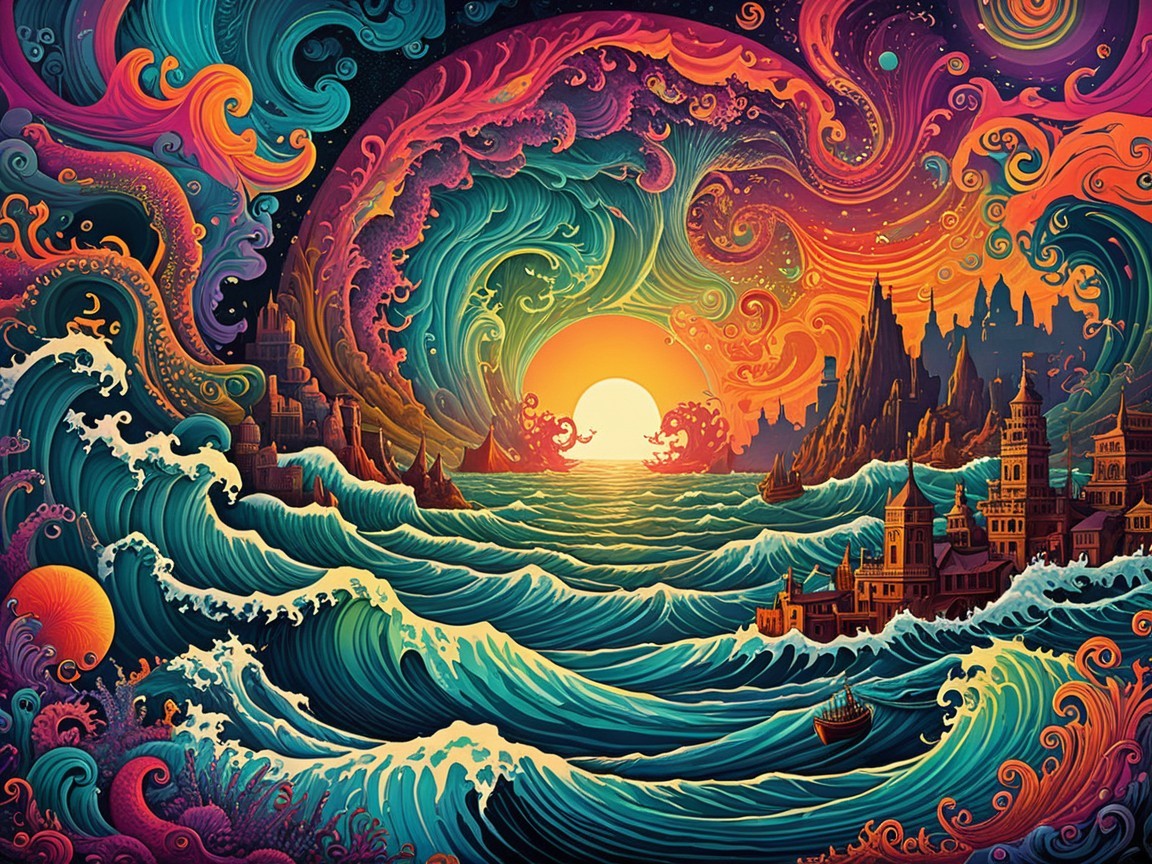 Vibrant Fantastical Seascape with Sunset and Cityscape