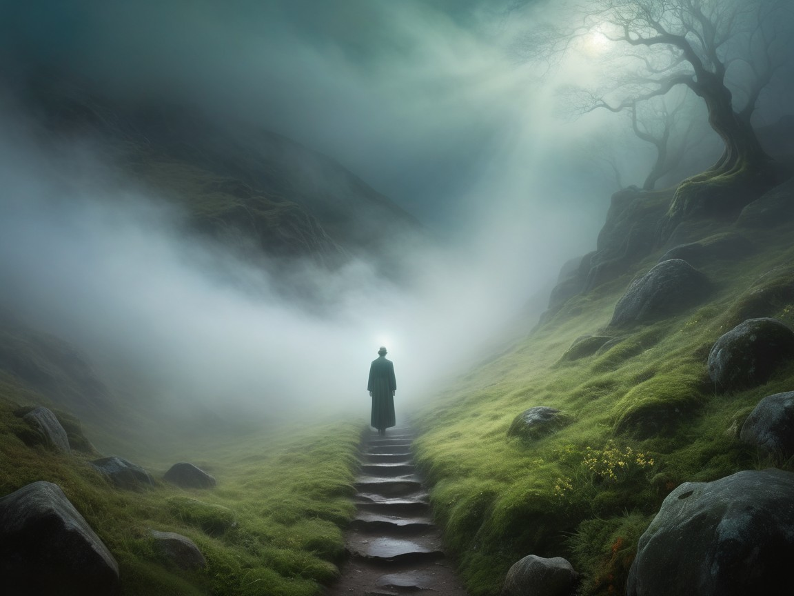Misty Landscape with Winding Pathway and Cloaked Figure