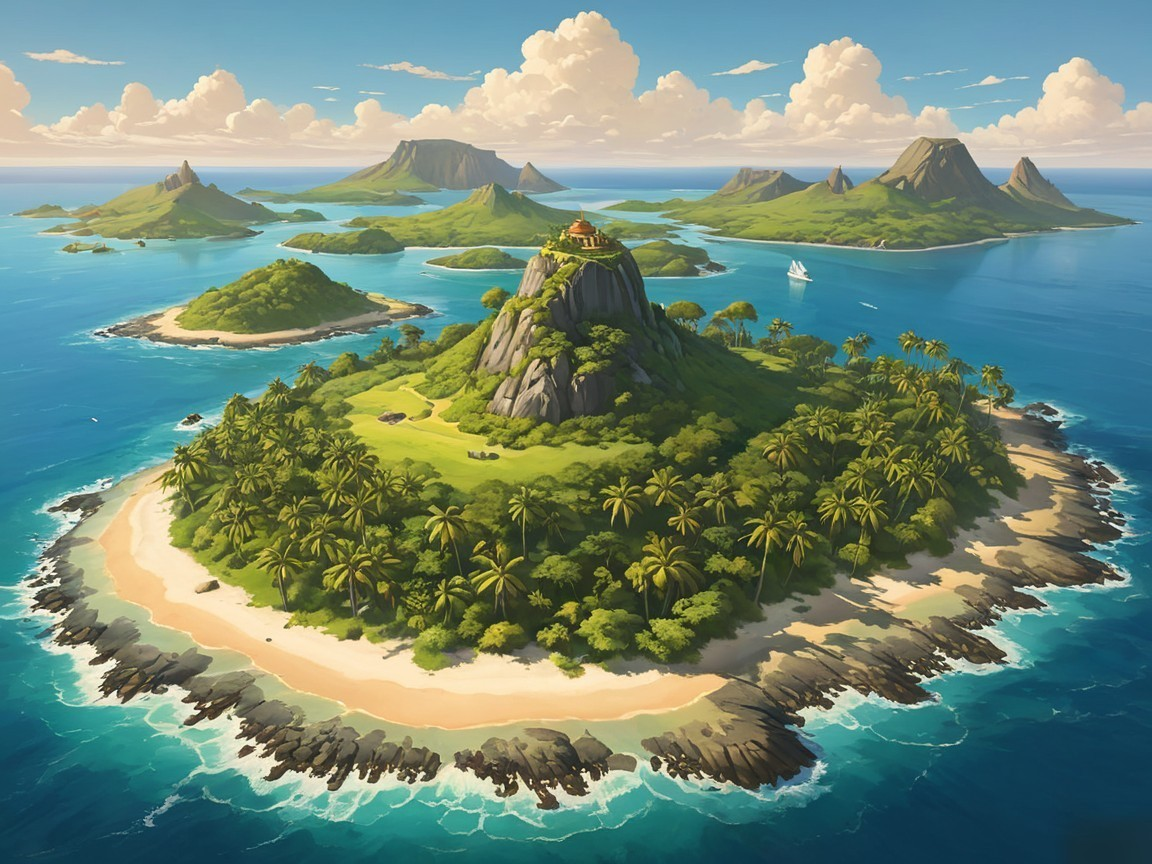 Tropical Island Landscape with Lush Hills and Waters