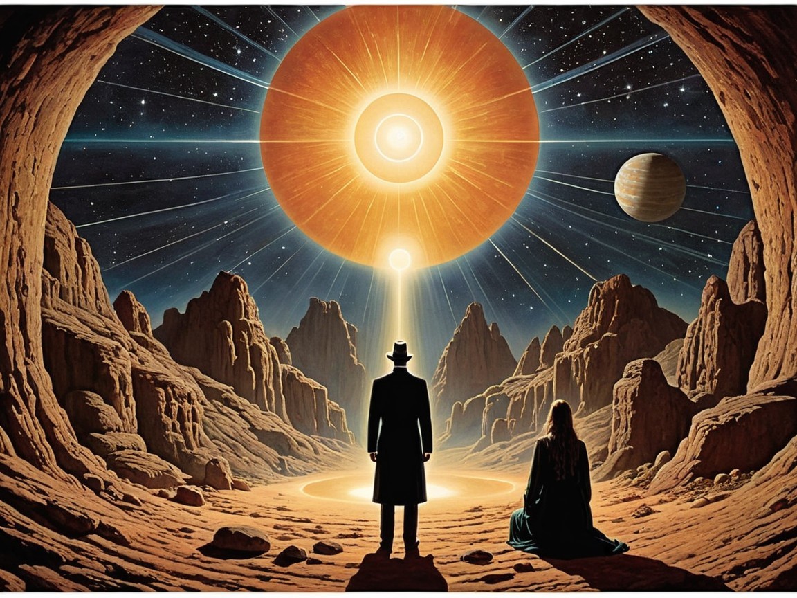 Surreal Landscape with Figure and Radiant Sun