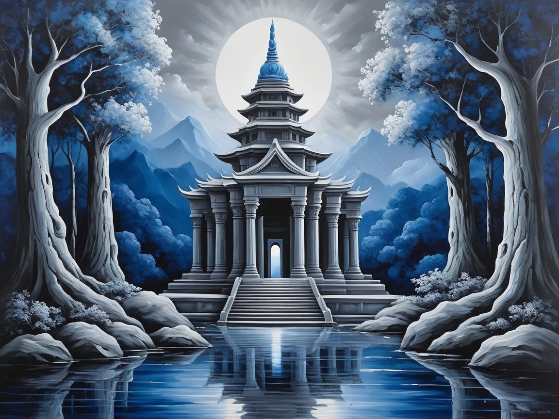 Monochromatic Landscape with Temple and Moon Reflection