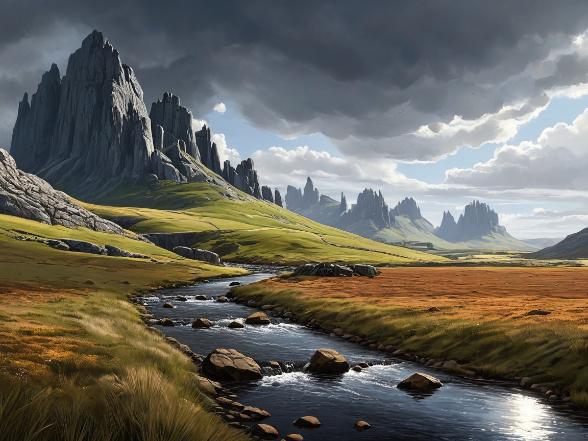 Majestic Mountains and Serene River Landscape Scene