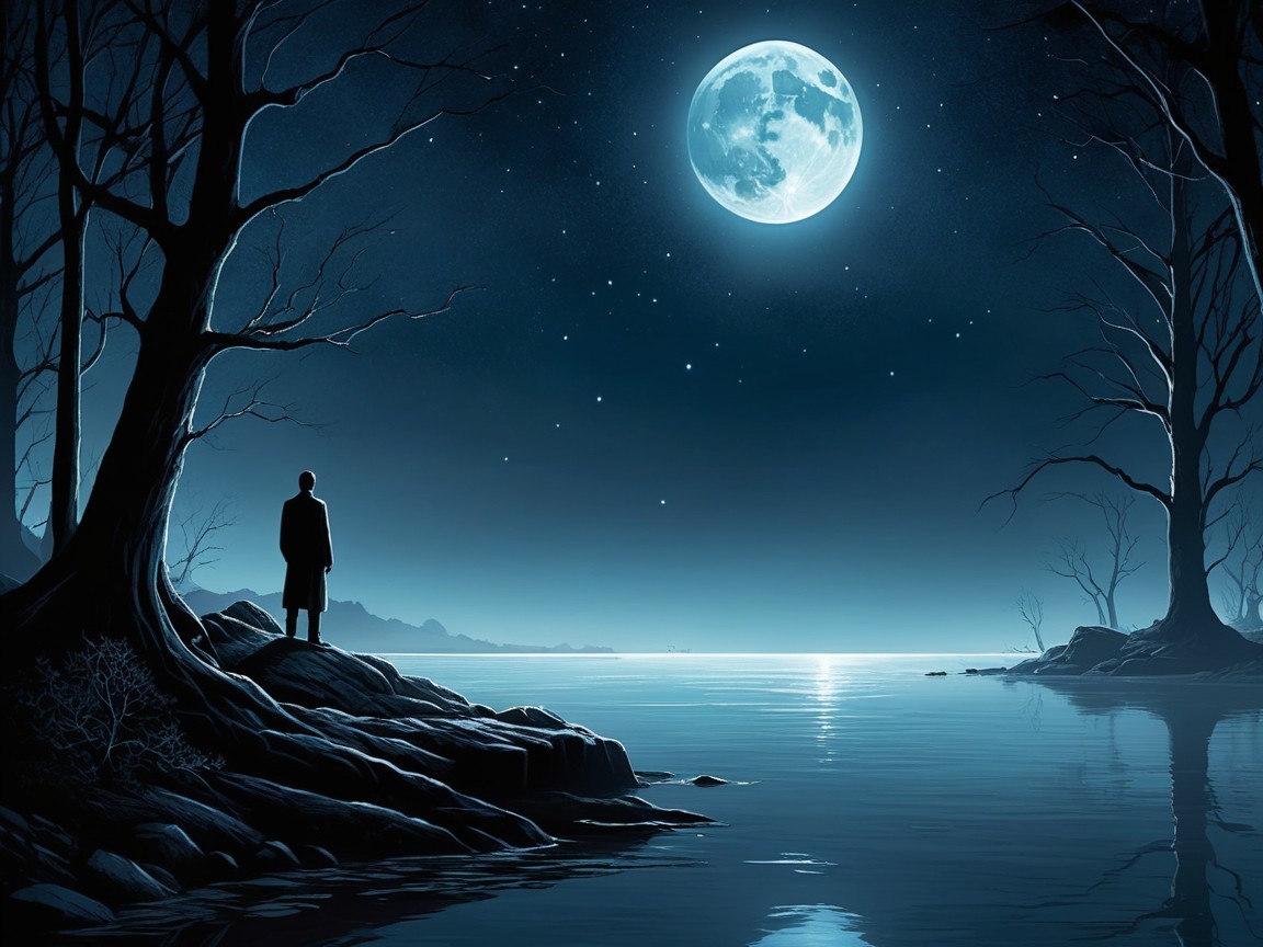 Solitary Figure by Moonlit Lake at Night