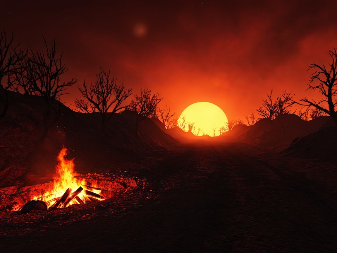 Sunset Over Barren Landscape with Campfire Glow