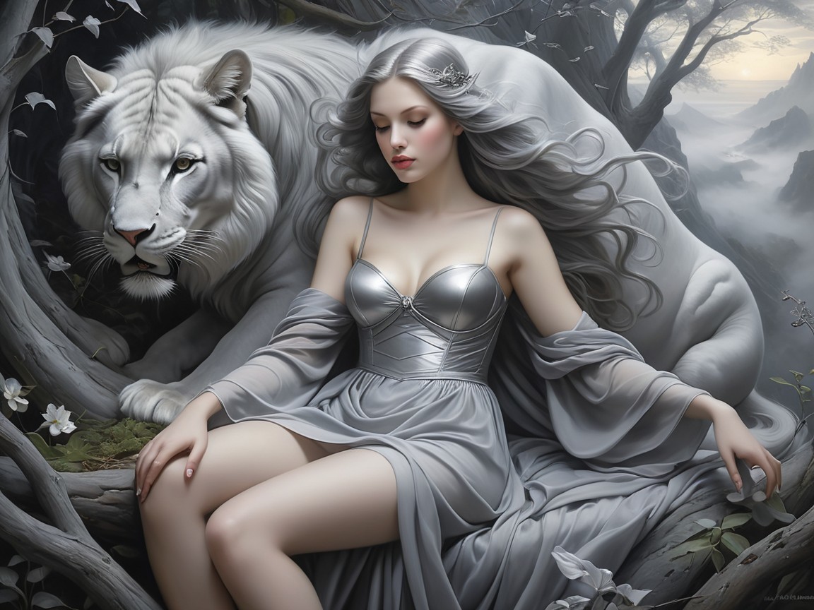 Mystical forest scene with woman and white tiger
