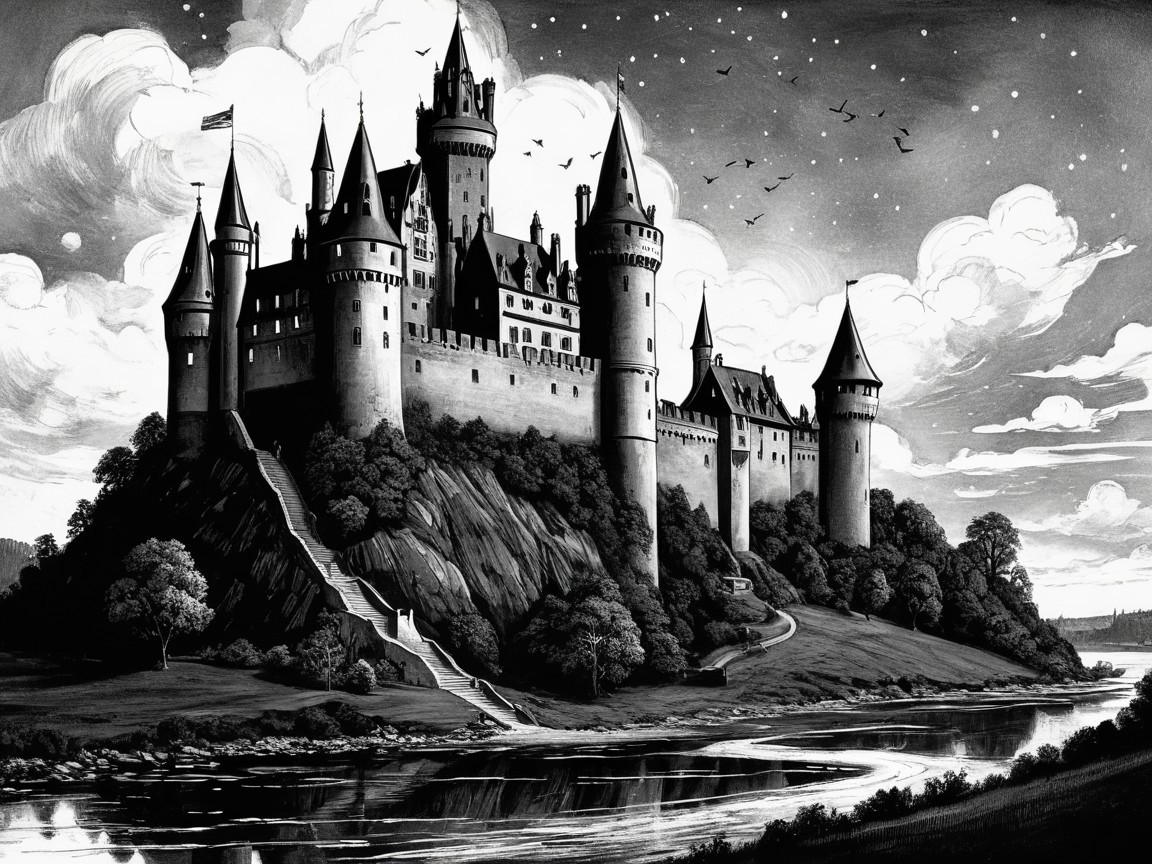 Majestic Castle on Rugged Hill Under Moonlit Sky
