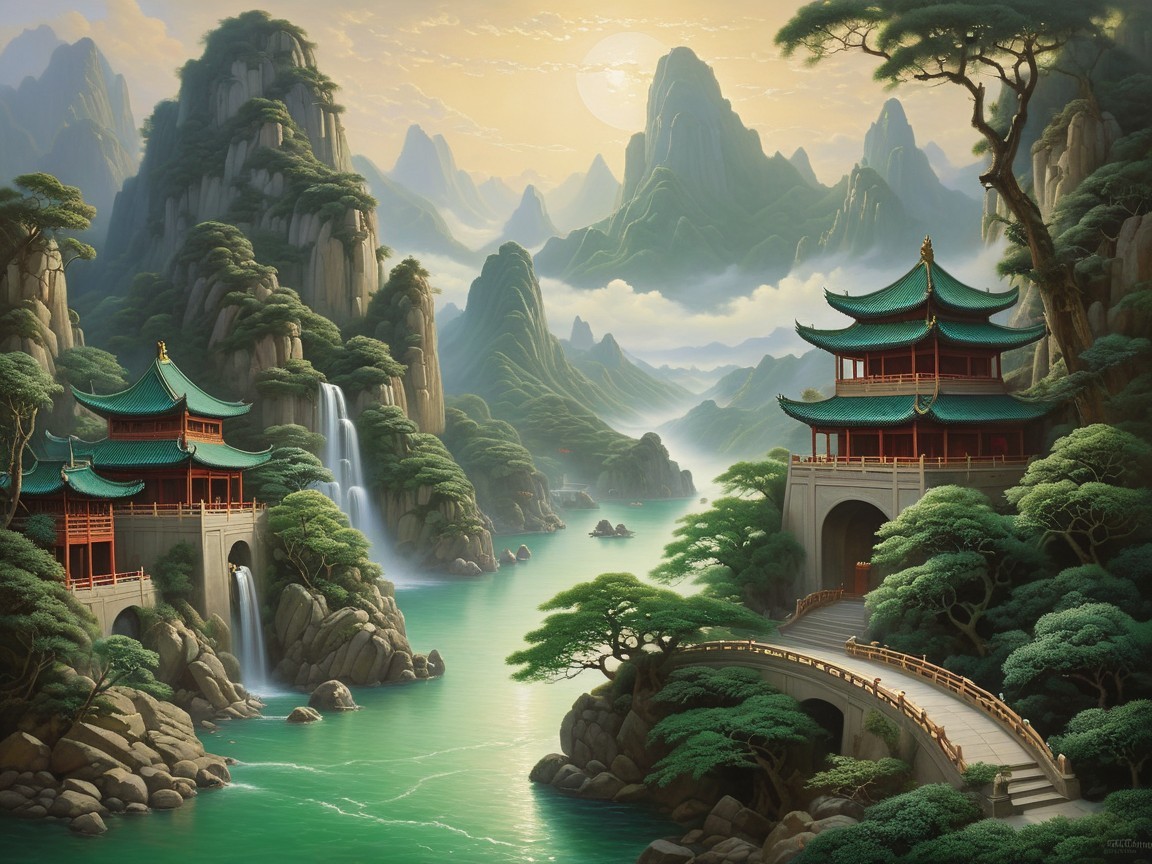 Serene Landscape with Mountains, Waterfalls, and Pagodas