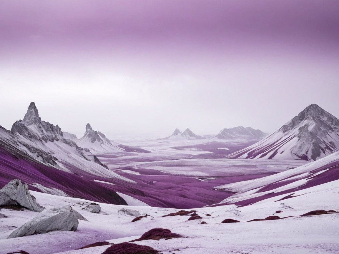 Surreal Landscape with Majestic Peaks and Violet Tundra