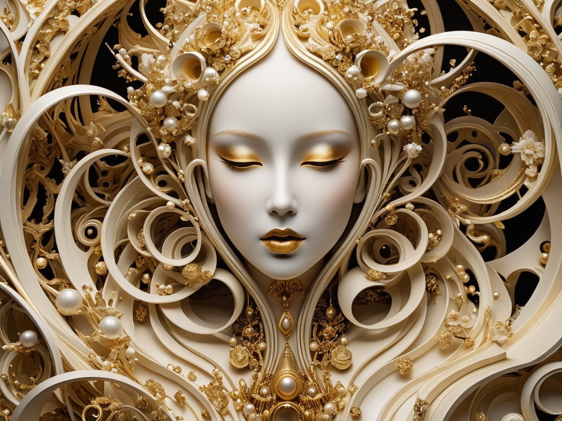 Serene Stylized Face with Gold and White Patterns