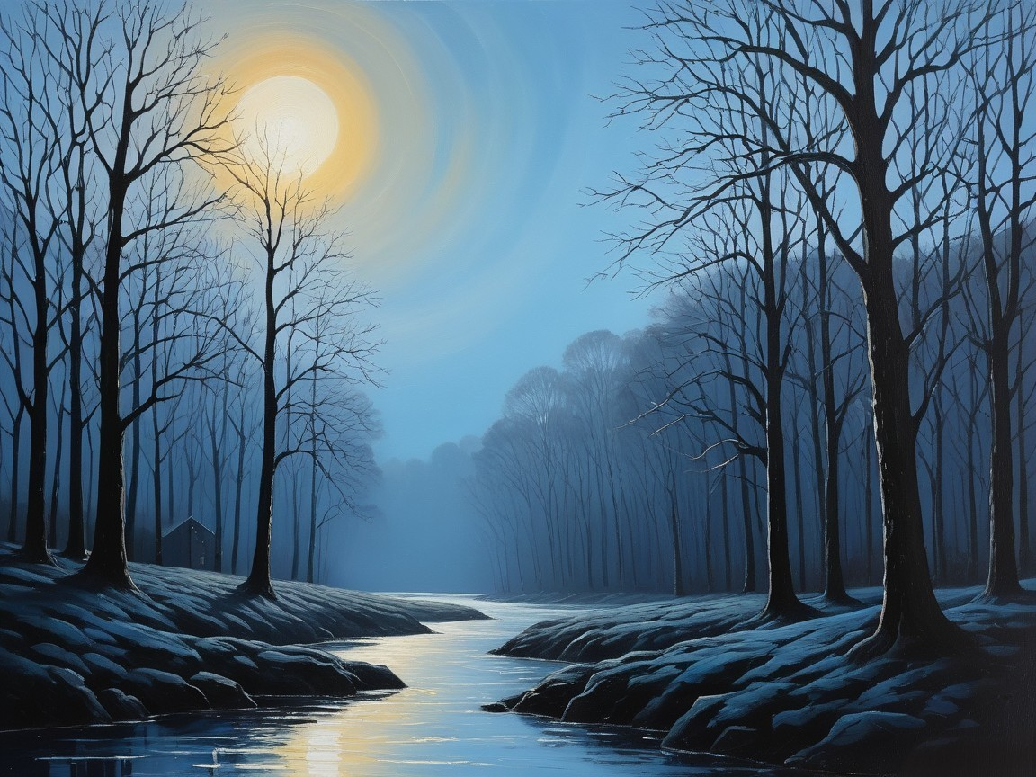Serene winter landscape with moonlit river and cabin
