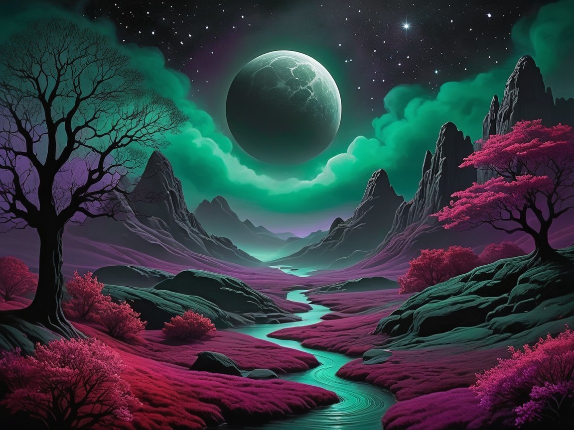 Surreal Landscape with Vibrant Colors and Moonlight