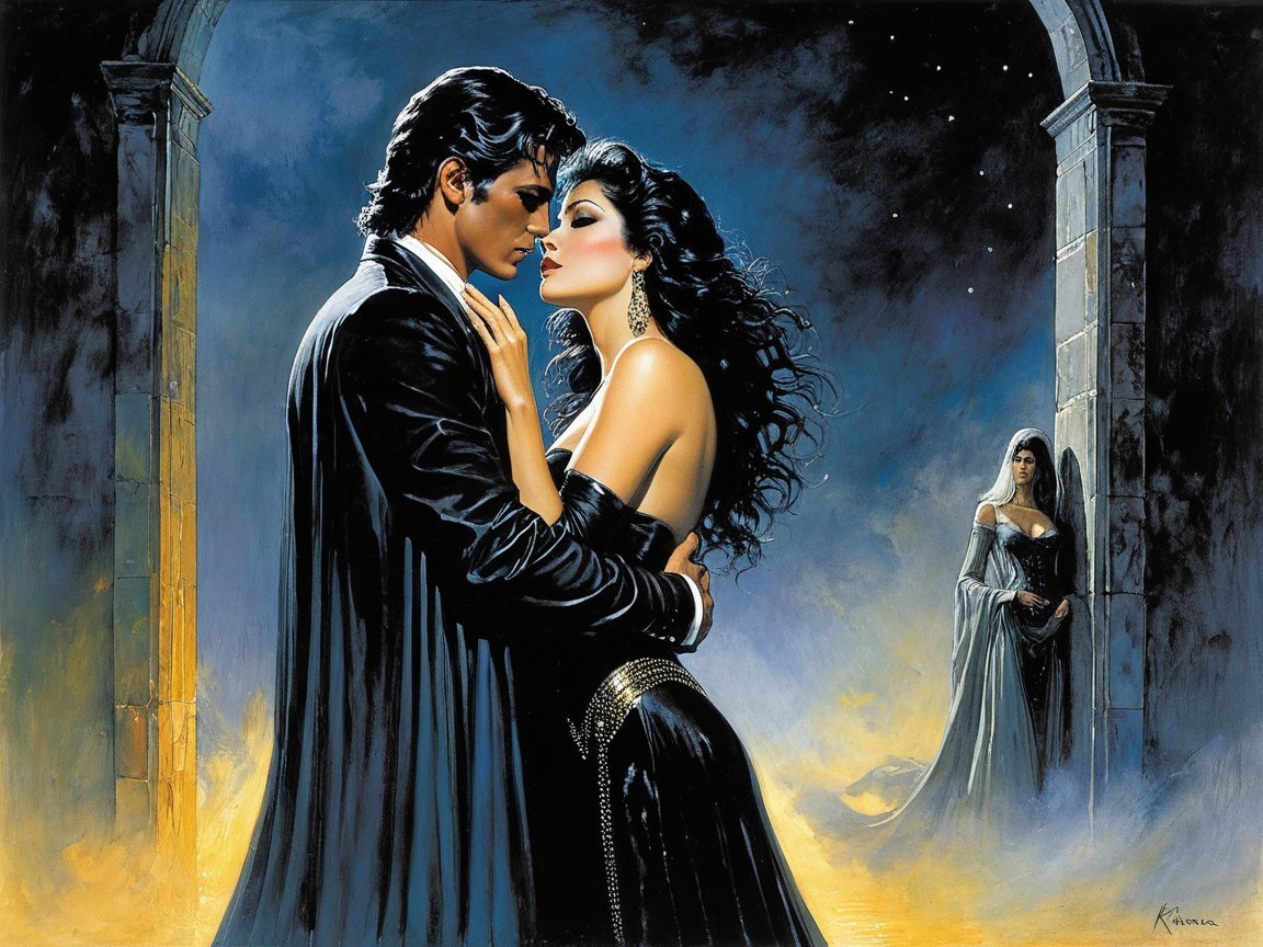 Elegant Embrace Under Starry Sky with Intriguing Background